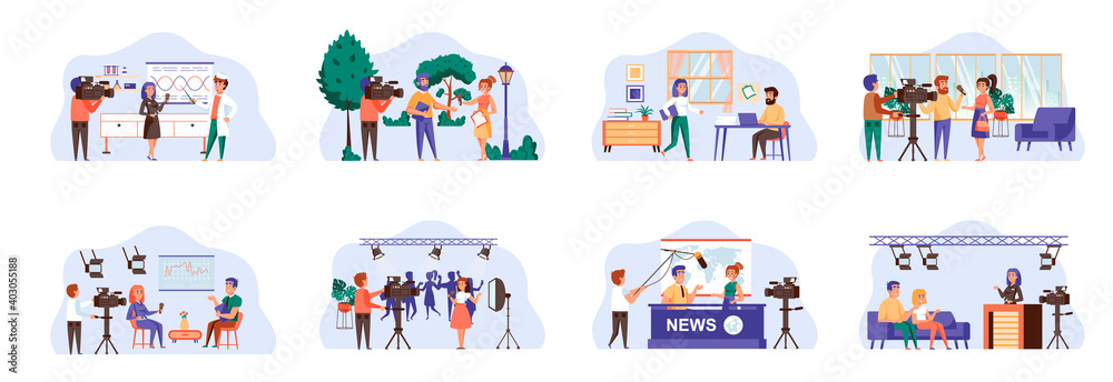 Journalism bundle of scenes with flat people characters. Breaking news, interviewing and live show conceptual situations. Journalist and cameraman making video reportage cartoon vector illustration. Journalism bundle of scenes with flat people characters. Breaking news, interviewing and live show conceptual situations. Journalist and cameraman making video reportage cartoon vector illustration.