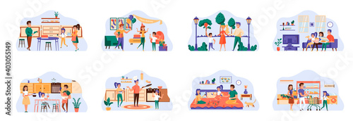 Family bundle of scenes with flat people characters. Happy family spend time together conceptual situations. Cooking, watching TV, walking in park, shopping, birthday celebration vector illustration