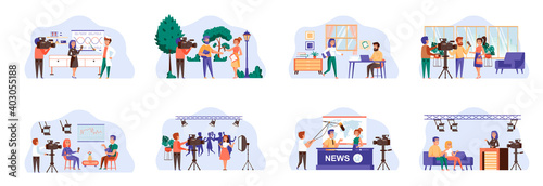 Journalism bundle of scenes with flat people characters. Breaking news, interviewing and live show conceptual situations. Journalist and cameraman making video reportage cartoon vector illustration.