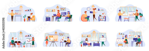 Content management bundle of scenes with flat people characters. Web managers work in office conceptual situations. CMS software, digital marketing and website promotion cartoon vector illustration