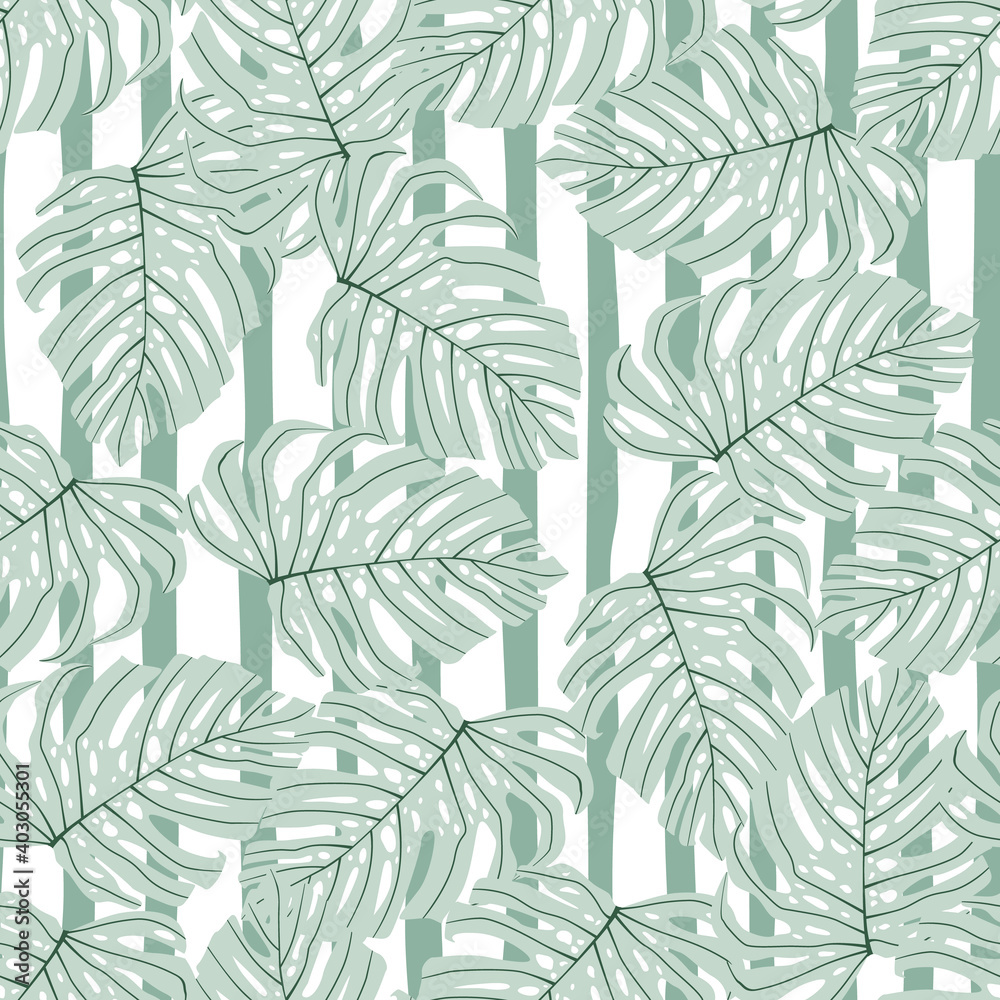 Vintage light seamless pattern with random monstera blue foliage print. Striped background.