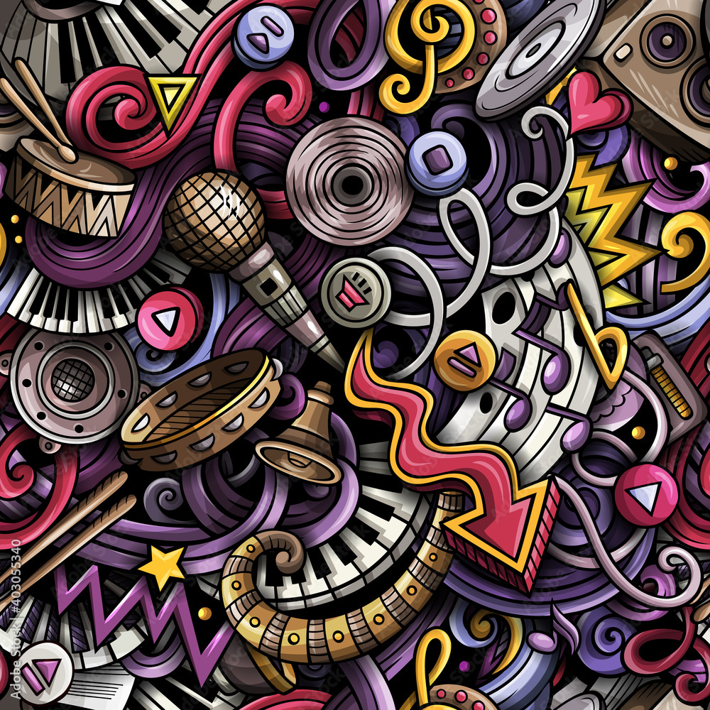 Fototapeta premium Music hand drawn raster doodles seamless pattern.