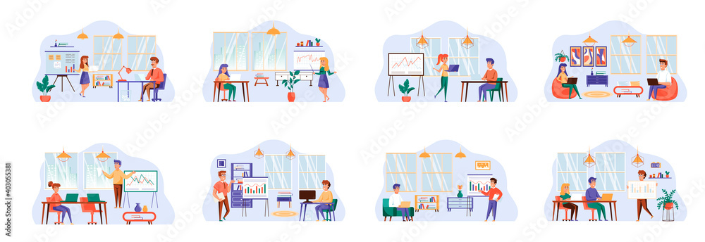 Fototapeta Office manager bundle of scenes with people characters. Colegues comunication and cooperation at workplace conceptual situations. Partnership and team management in office cartoon vector illustration.