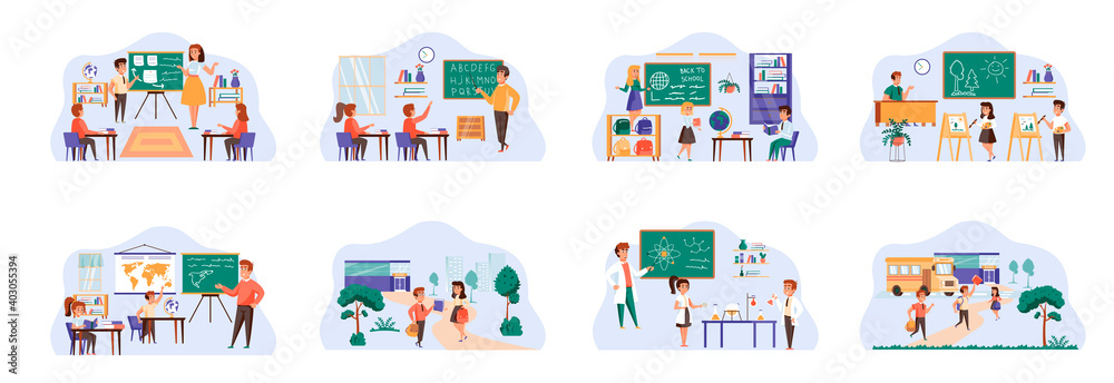 School learning bundle of scenes with flat people characters. Pupils and teacher in classroom conceptual situations. Elementary schools education, chemistry and geography cartoon vector illustration