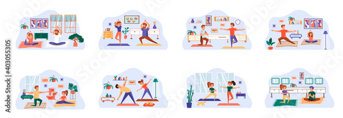 Fototapeta Naklejka Na Ścianę i Meble -  Yoga bundle of scenes with flat people characters. Family couple together practicing yoga at home conceptual situations. Calmness and relax, sports activities and wellness cartoon vector illustration