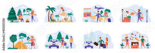 Travel vacation bundle of scenes with people characters. Couple with luggage boarding in airport situations. Summertime beach vacation, camping in forest, traveling by car cartoon vector illustration.