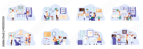 Medical care bundle of scenes with people characters. Laboratory research, diagnosis and treatment in clinic conceptual situations. Healthcare, reanimation and medicine cartoon vector illustration.