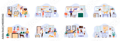 Veterinary clinic bundle of scenes with flat people characters. Veterinarian examining dog and cat in vet clinic conceptual situations. Medical center for domestic animals cartoon vector illustration.