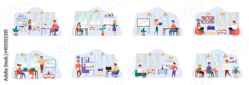 Office manager bundle of scenes with people characters. Colegues comunication and cooperation at workplace conceptual situations. Partnership and team management in office cartoon vector illustration.