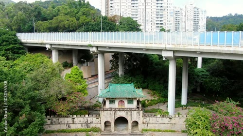 Pok Ngar Villa ornate gatehouse remains, Sha Tin area in Hong Kong, Aerial view. photo