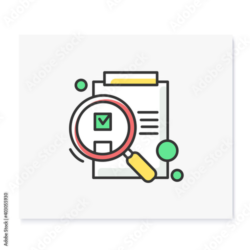 Idea evaluation color icon. Paper on clipboard under magnifying glass linear pictogram. Research stage of creative process, data check and idea evaluation concept. Isolated vector web illustration