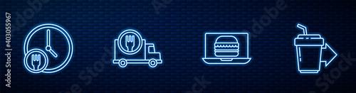 Set line Online ordering burger delivery, Round the clock, Fast by car and Coffee cup to go. Glowing neon icon on brick wall. Vector.