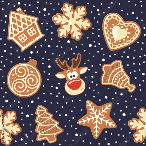 Seamless pattern with different gingerbread cookies. Vector illustration.