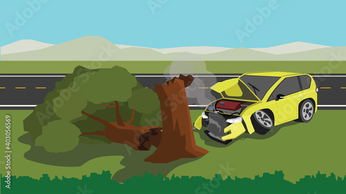 Car accident fell off the road and hit a large tree and fell. The area in front of the car was so badly damaged that smoke came out of the radiator. Wide open field with an asphalt road crossing.