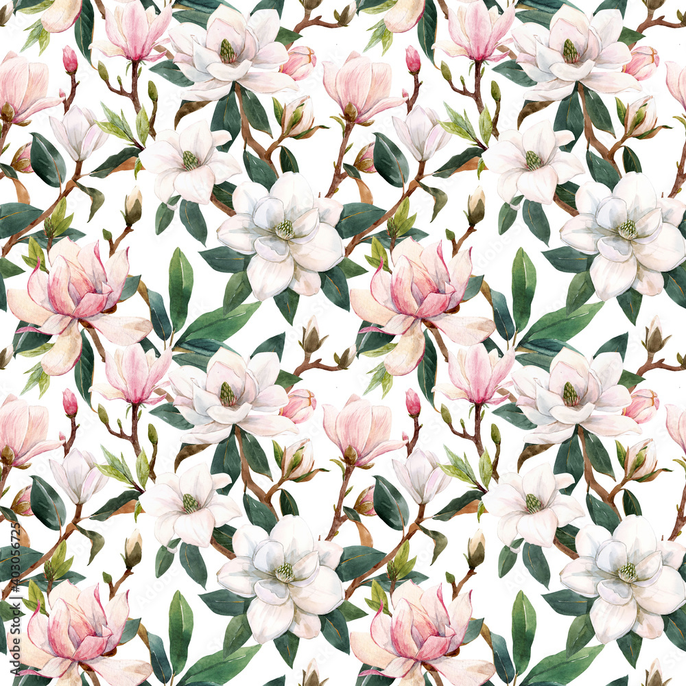 Beautiful seamless pattern with hand drawn watercolor gentle white and pink magnolia flowers. Stock illustration. Beautiful seamless pattern with hand drawn watercolor gentle white and pink magnolia flowers. Stock illustration.