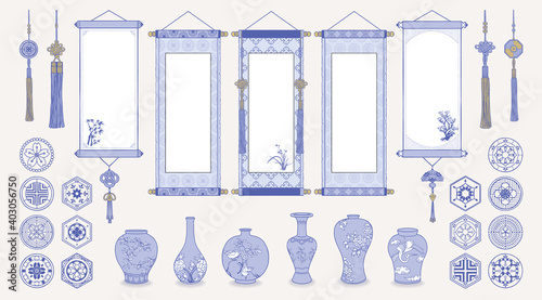 Set of hand drawn oriental elements. Asian hanging scrolls, Ceramic vases, Traditional patterns, Oriental decorations. Vector illustrations.