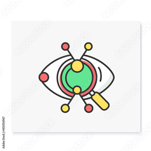 Creative research color icon. Artistic vision and technical solution approach concept. Eye with magnifier observing pencil shaped data. Isolated vector illustration for web and business presentation