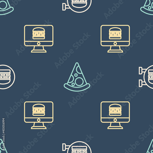 Set line Online ordering burger delivery, and and Slice of pizza on seamless pattern. Vector.