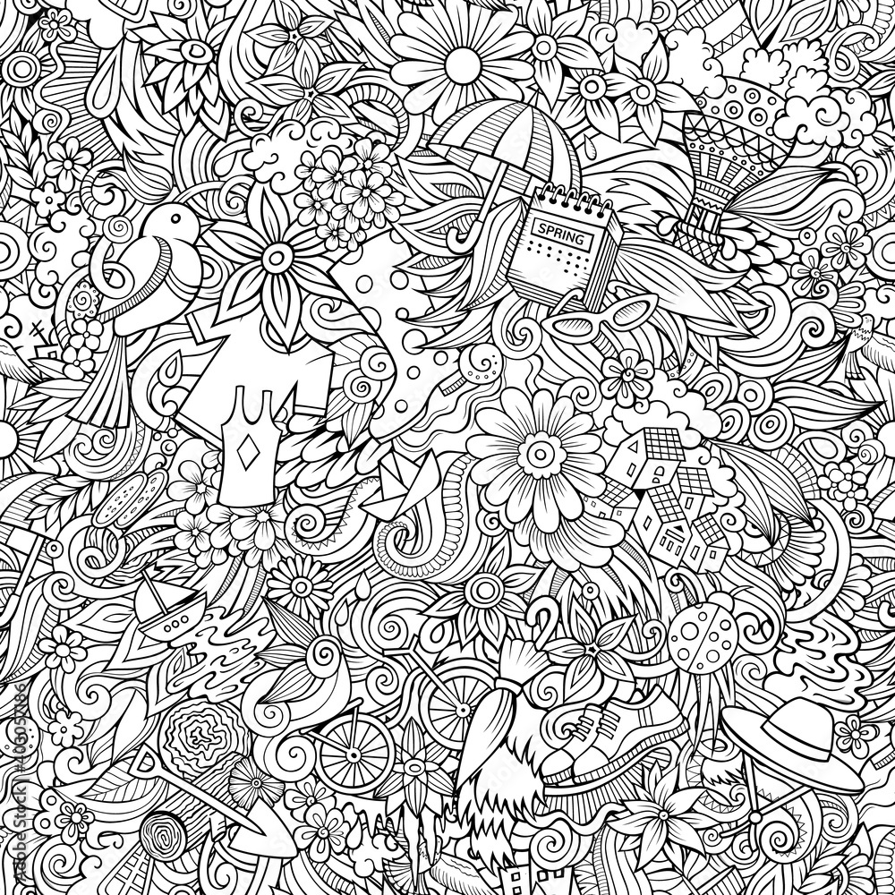 Cartoon cute doodles hand drawn Spring seamless pattern.