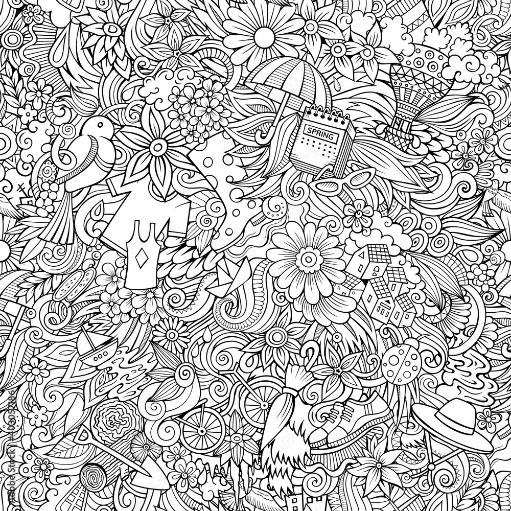 Obraz premium Cartoon cute doodles hand drawn Spring seamless pattern.
