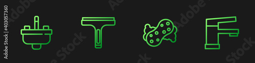 Set line Sponge, Washbasin with water tap, Rubber cleaner and Water. Gradient color icons. Vector.