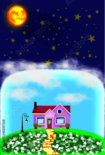 animate house with beautiful blue sky above it and shine with the sun and the stars as vector and illustration art