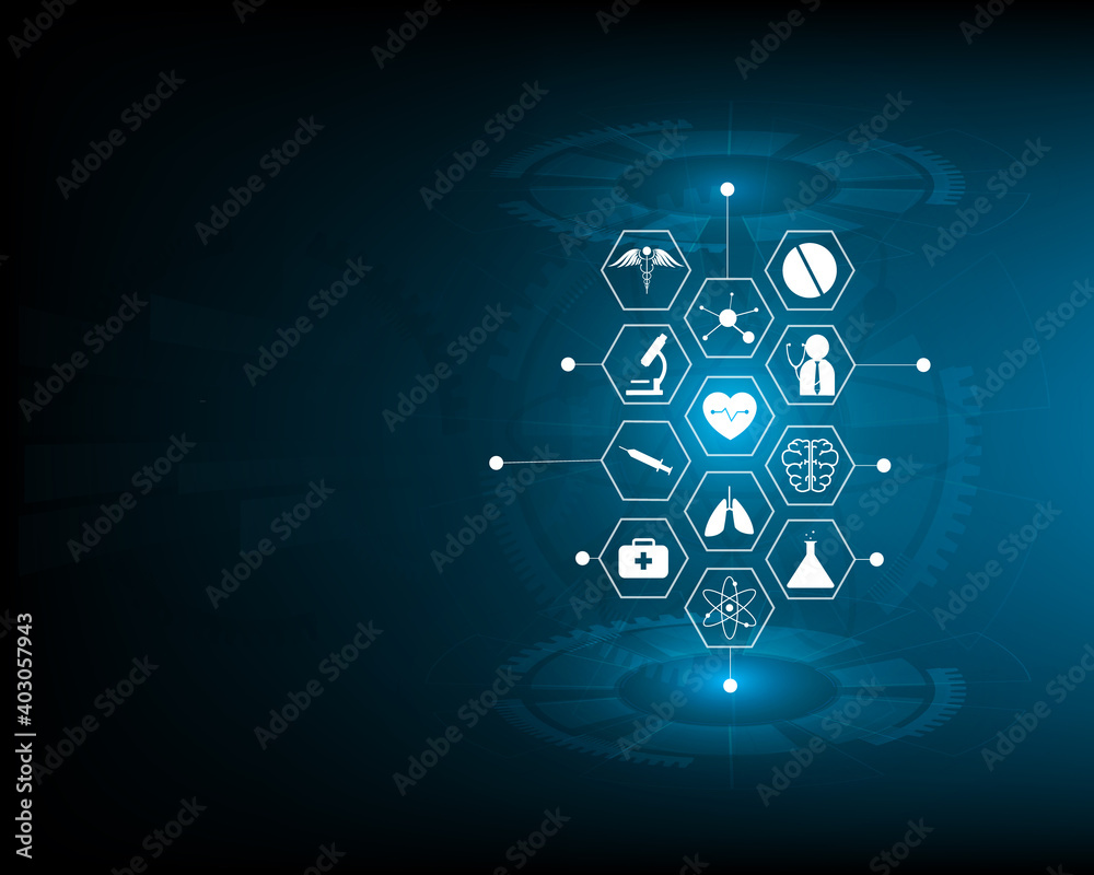Health care icon and medical technology innovation concept illustrated on blue background Health care icon and medical technology innovation concept illustrated on blue background