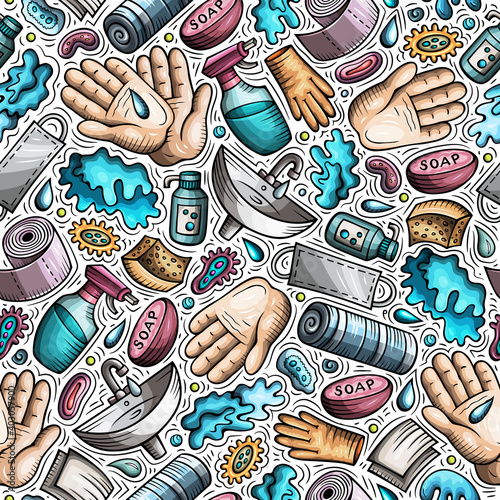 Hand wash hand drawn doodles seamless pattern. Protective measures background.