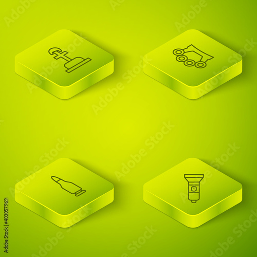 Set Isometric line Brass knuckles, Bullet, Flashlight and Soldier grave icon. Vector.