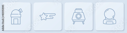 Set line Astronomical observatory, Mars rover, Falling star and Astronaut helmet. White square button. Vector.