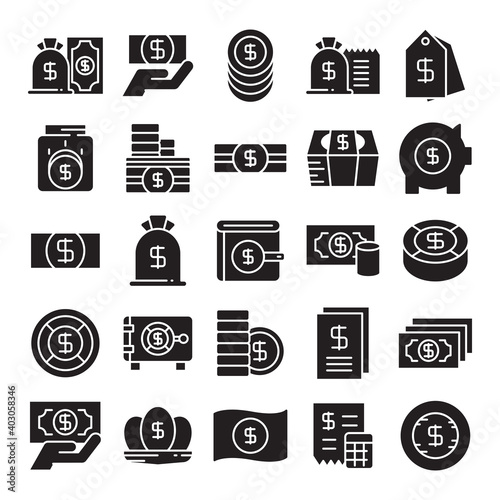 dollar money coin, money bag icons glyph design
