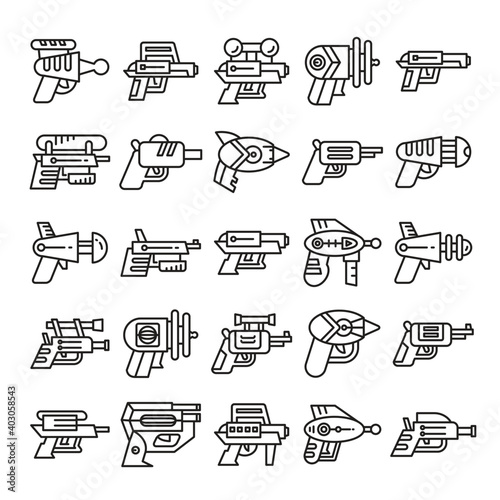 blaster, laser gun, futuristic gun icons vector set line design