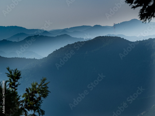Mist and Mountain Ridgelines after Sunrise in Japan