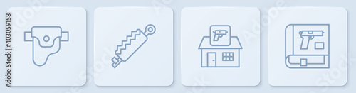 Set line Gun in holster, Hunting shop weapon, Trap hunting and Book with pistol or gun. White square button. Vector.