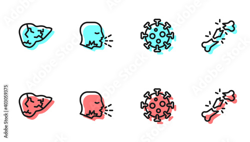 Set line Virus, Hepatitis virus, Man coughing and Human broken bone icon. Vector.