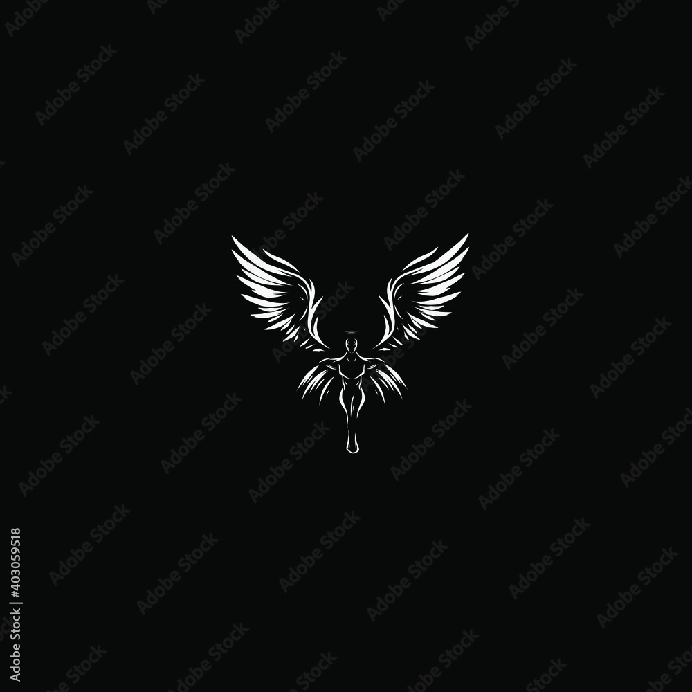 Obraz premium Angel girl wings fly Line Pop Art logo. Colorful design with dark background. Abstract vector illustration. Isolated black background for t-shirt