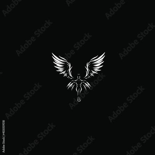 Angel girl wings fly Line Pop Art logo. Colorful design with dark background. Abstract vector illustration. Isolated black background for t-shirt