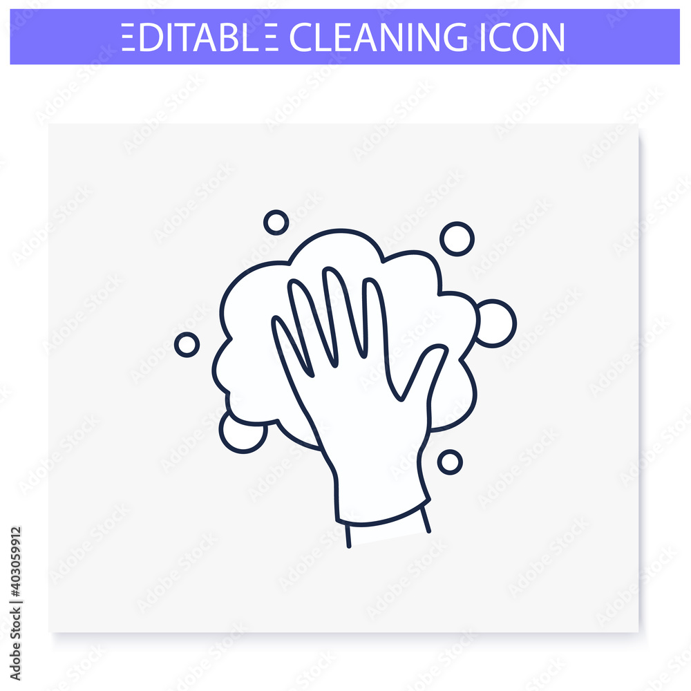 Obraz premium Foaming line icon. Soaping, wiping. Housekeeper hand in glove, whipping foam. Wet cleaning. Housekeeping and surface disinfection concept. Isolated vector illustration. Editable stroke 