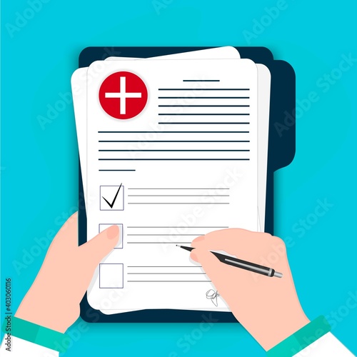 Flat tablet, folder. Medical form, plan with check marks, medical history. Icon with check mark, pen marks. Doctor's hands writing a prescription. Vector illustration.
