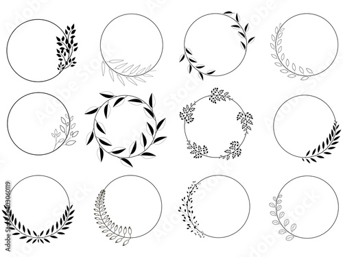 Set of round, black laurel wreaths. Vector logo design made from leaves. Vintage Collection of vintage round badges of laurel branches, spikelets. Decorative items. Vintage Greek emblem.  