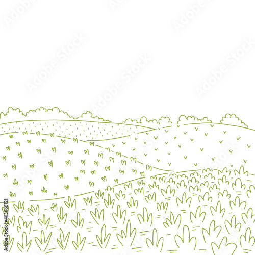 Rural fields landscape. Countryside landscape fields hills. Growing vegetables garden rows. Agriculture farming. Vector sketch line drawing. Copy space.