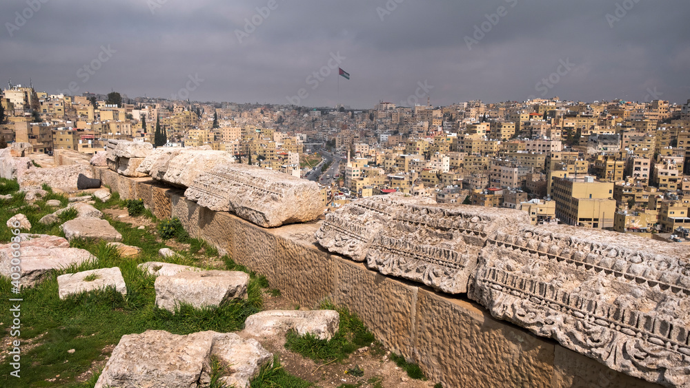 The ruins of the citadel over the city of Amman  in jordan in sunny day
