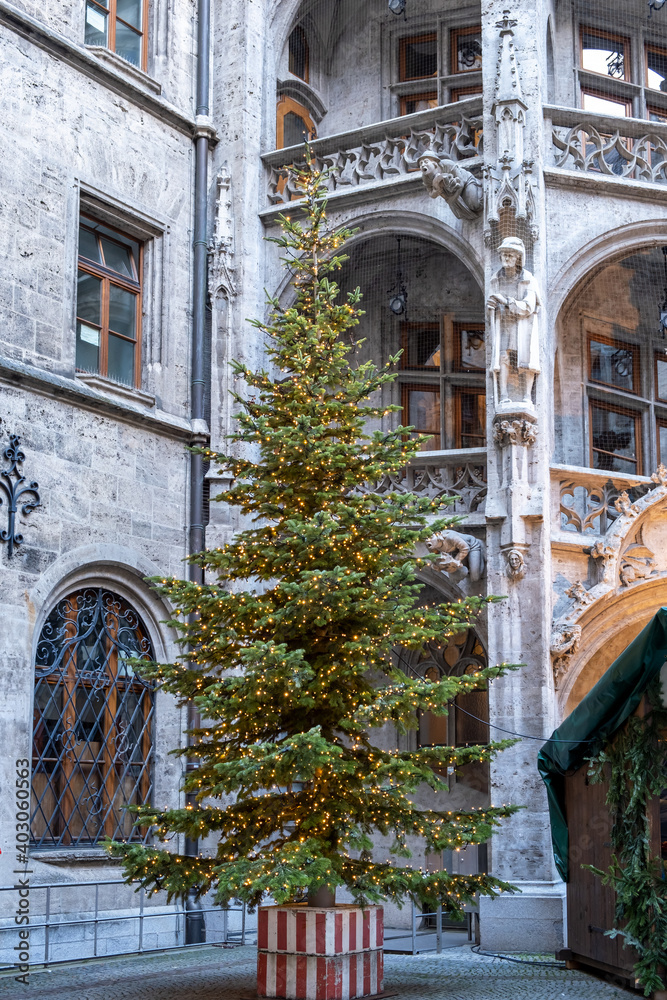 Christmas tree in the yard of the New Town Hall (Neues Rathaus) in Munich, Germany