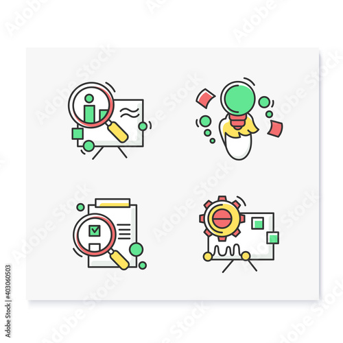 Creative process color icons set. Including idea, research, performance. Linear pictograms for design and development process stages. Isolated vector illustrations for project management