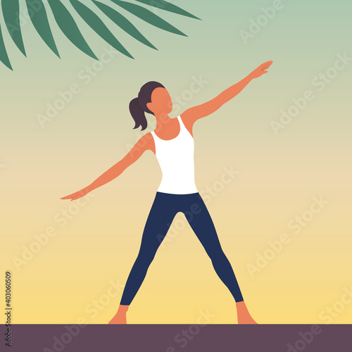 A beautiful girl is engaged in gymnastics. Body workout. Health and beauty concept. Vector flat illustration.