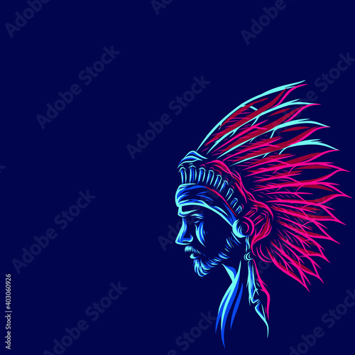 Apache indian warrior hero Line. Pop Art logo. Colorful design with dark background. Abstract vector illustration. Isolated black background for t-shirt, poster