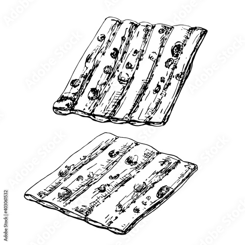 Matzo - jewish traditional food. Vector vintage hatching color illustration.