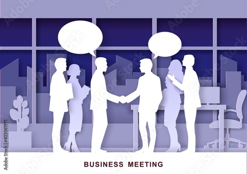 Office life scene, vector illustration in paper art craft style. Business people silhouettes meeting, talking, shaking hands. Daily routine, office situations. Business handshake.