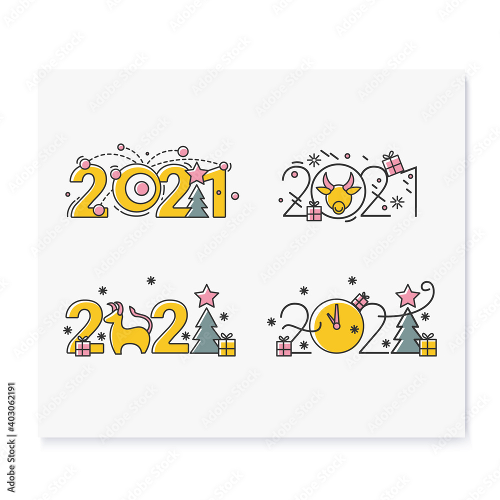 New year 2021 color icons collection. Christmas and New Year celebration concept. Holidays decoration, greeting card, banner, logo, image for typography and design. Isolated vector illustrations