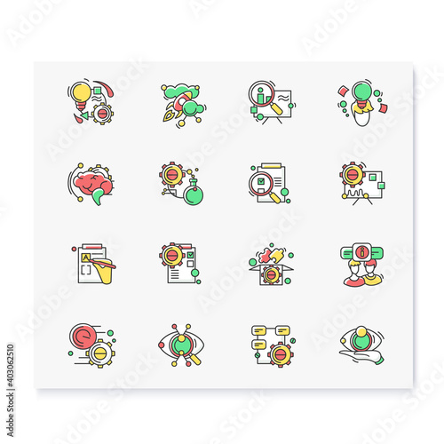 Creative process color icons set. Linear pictograms for design and development process stages, from idea to final product. Isolated vector illustrations for project management